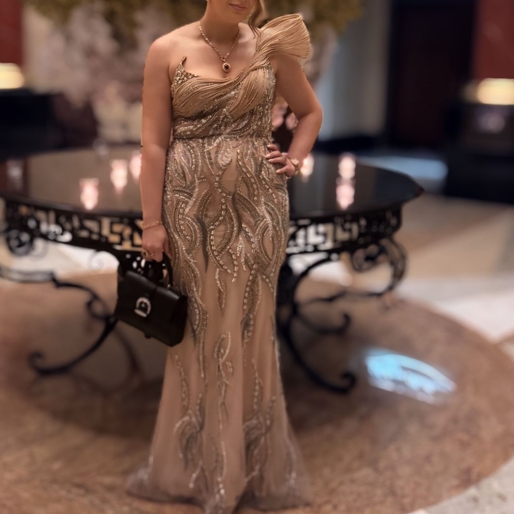 Jovani One Shoulder Gold Evening Dress